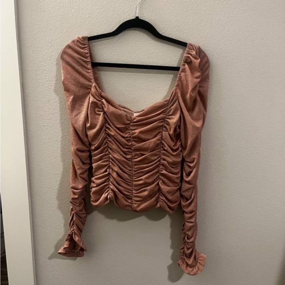 LPA Ruched Long Sleeve Metallic Blush Top (Size L)